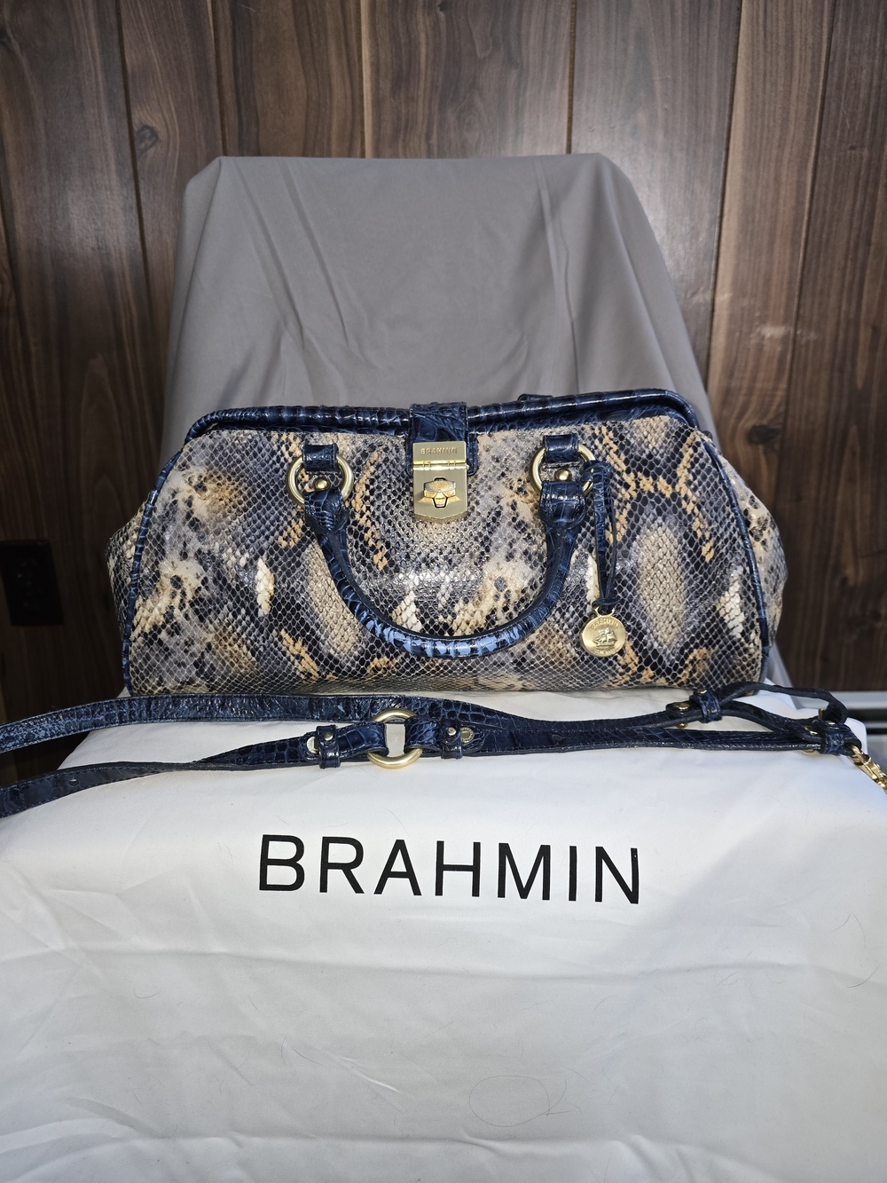 Brahmin Navy Snake-Embossed Leather Satchel